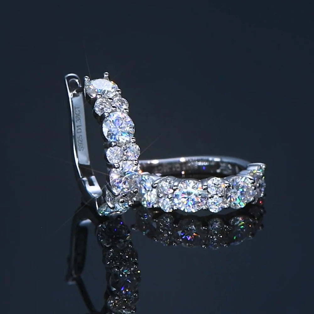 Moissanite Graduated Stone Hoop Earrings in Sterling Silver — Silver angled pair