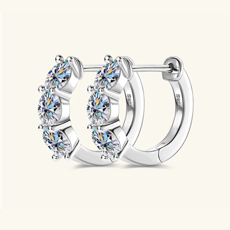 Three-Stone Moissanite Hoop Earrings in Sterling Silver — Silver front and side