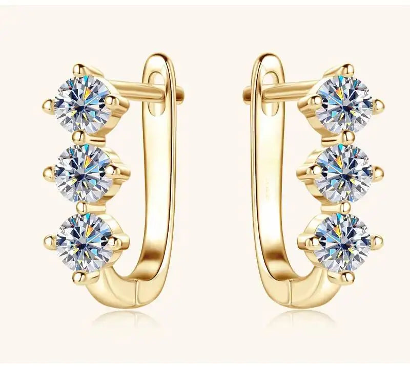 Colored Three-Stone Moissanite Hoop Earrings in Silver — White stones in gold-tone hoops