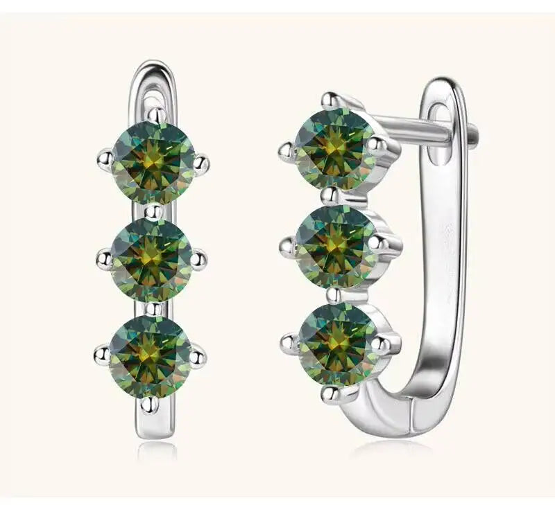 Colored Three-Stone Moissanite Hoop Earrings in Silver — Dark green silver pair