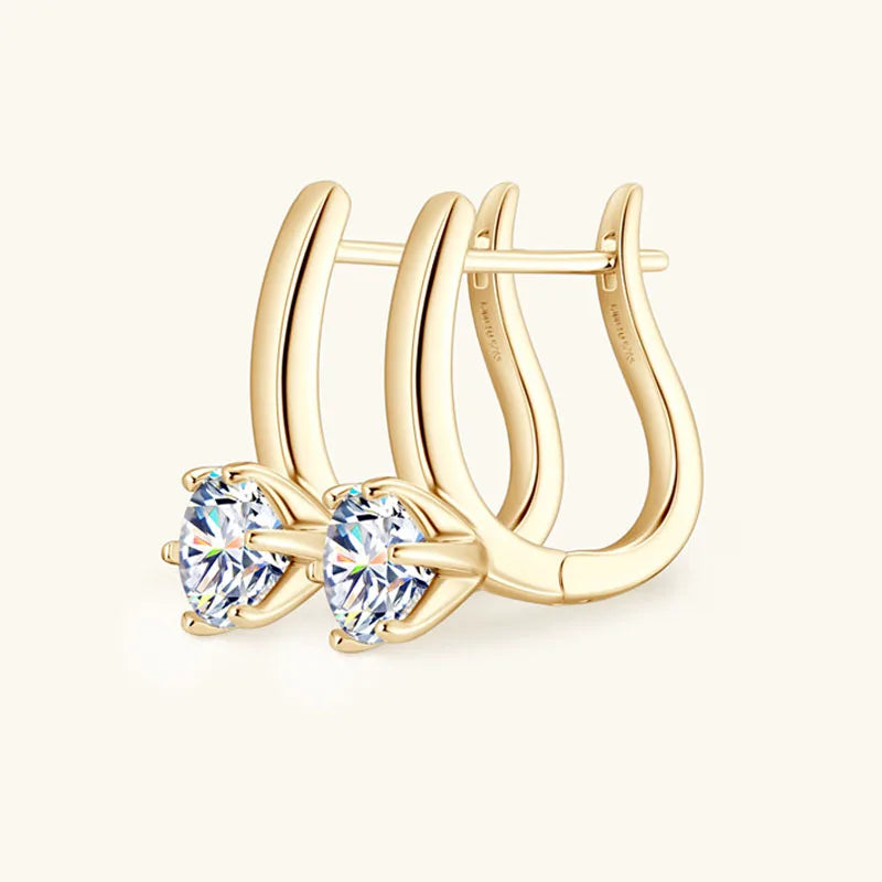 Solitaire Moissanite Leverback Hoop Earrings in Sterling Silver — Gold-tone detail