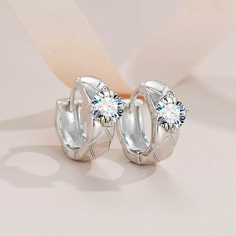 Geometric Moissanite Huggie Hoop Earrings in Sterling Silver - Round center close-up