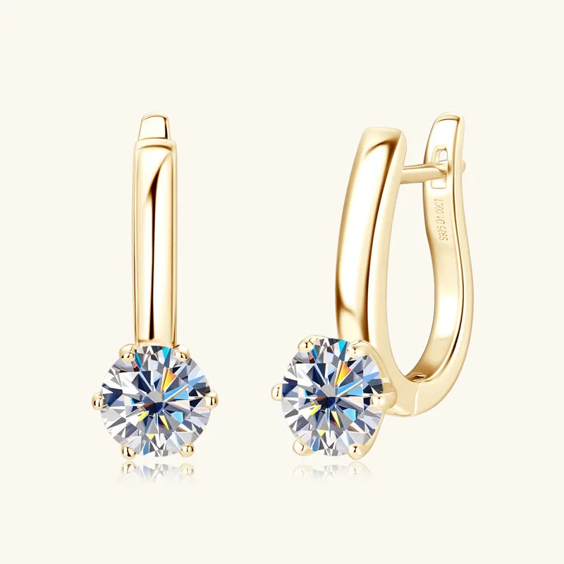Solitaire Moissanite Leverback Hoop Earrings in Sterling Silver — Gold-tone finish