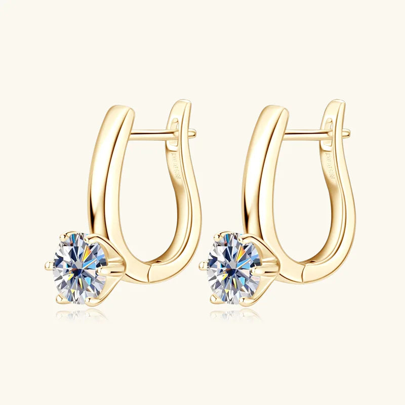 Solitaire Moissanite Leverback Hoop Earrings in Sterling Silver — Gold-tone pair