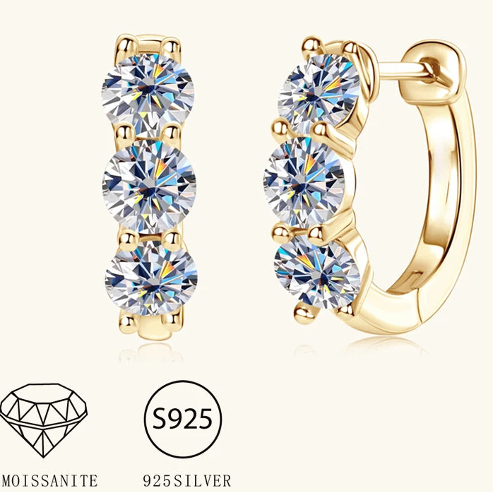Three-Stone Moissanite Hoop Earrings in Sterling Silver — Gold-tone stone detail