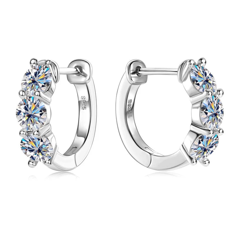 Three-Stone Moissanite Hoop Earrings in Sterling Silver — Silver option