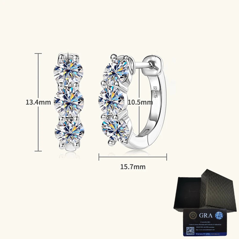 Three-Stone Moissanite Hoop Earrings in Sterling Silver — Hoop dimensions