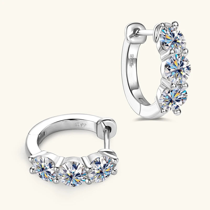 Three-Stone Moissanite Hoop Earrings in Sterling Silver — Silver angled pair
