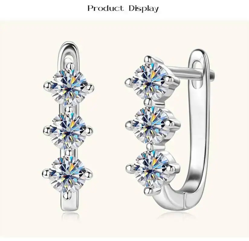 Colored Three-Stone Moissanite Hoop Earrings in Silver — White silver pair