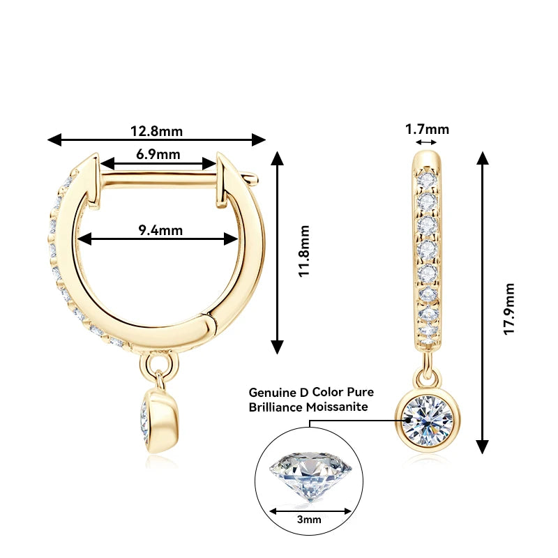 Bezel Drop Moissanite Huggie Earrings in Sterling Silver — Gold-Tone hoop and 3mm stone dimensions