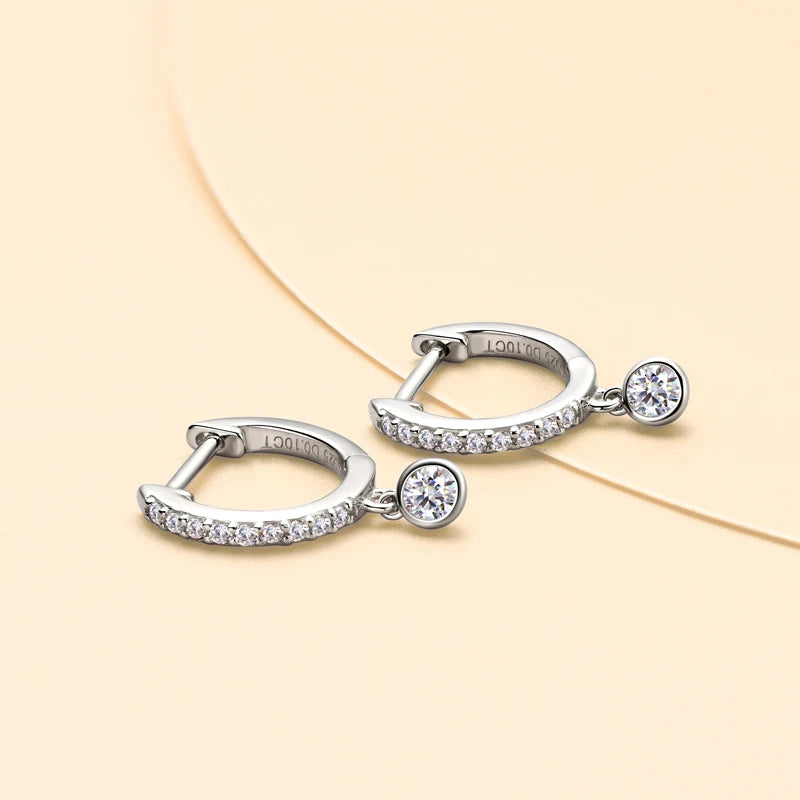 Bezel Drop Moissanite Huggie Earrings in Sterling Silver — Silver pair