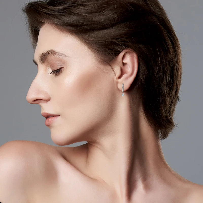 Bezel Drop Moissanite Huggie Earrings in Sterling Silver — Hoop drop worn on the ear