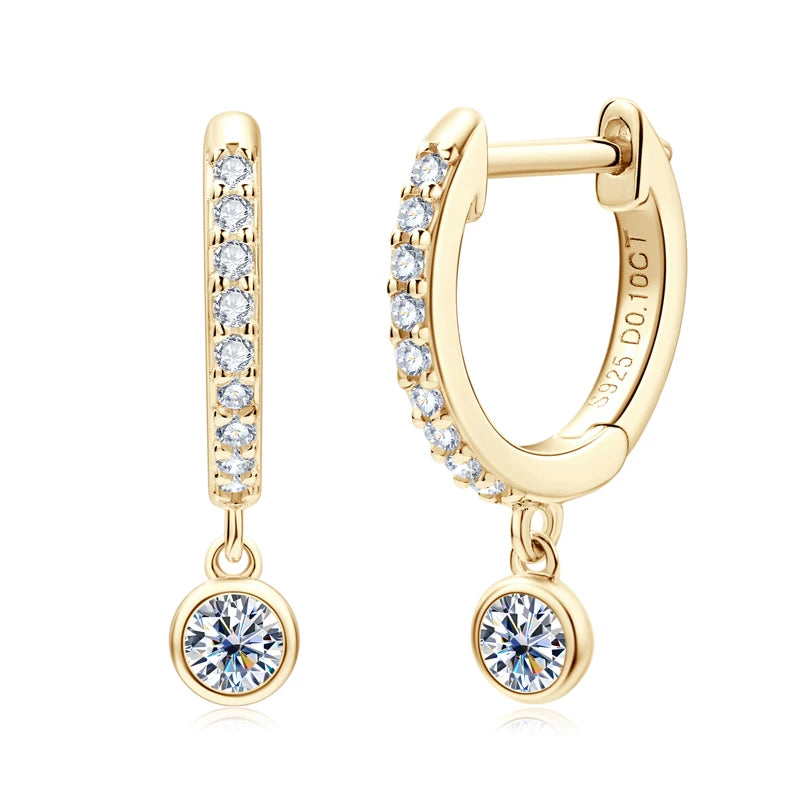 Bezel Drop Moissanite Huggie Earrings in Sterling Silver — Gold-Tone