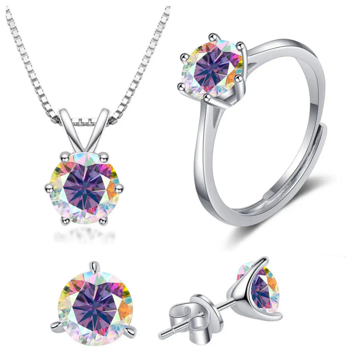 Colored Moissanite Necklace, Stud Earrings & Ring Set — Multicolor set