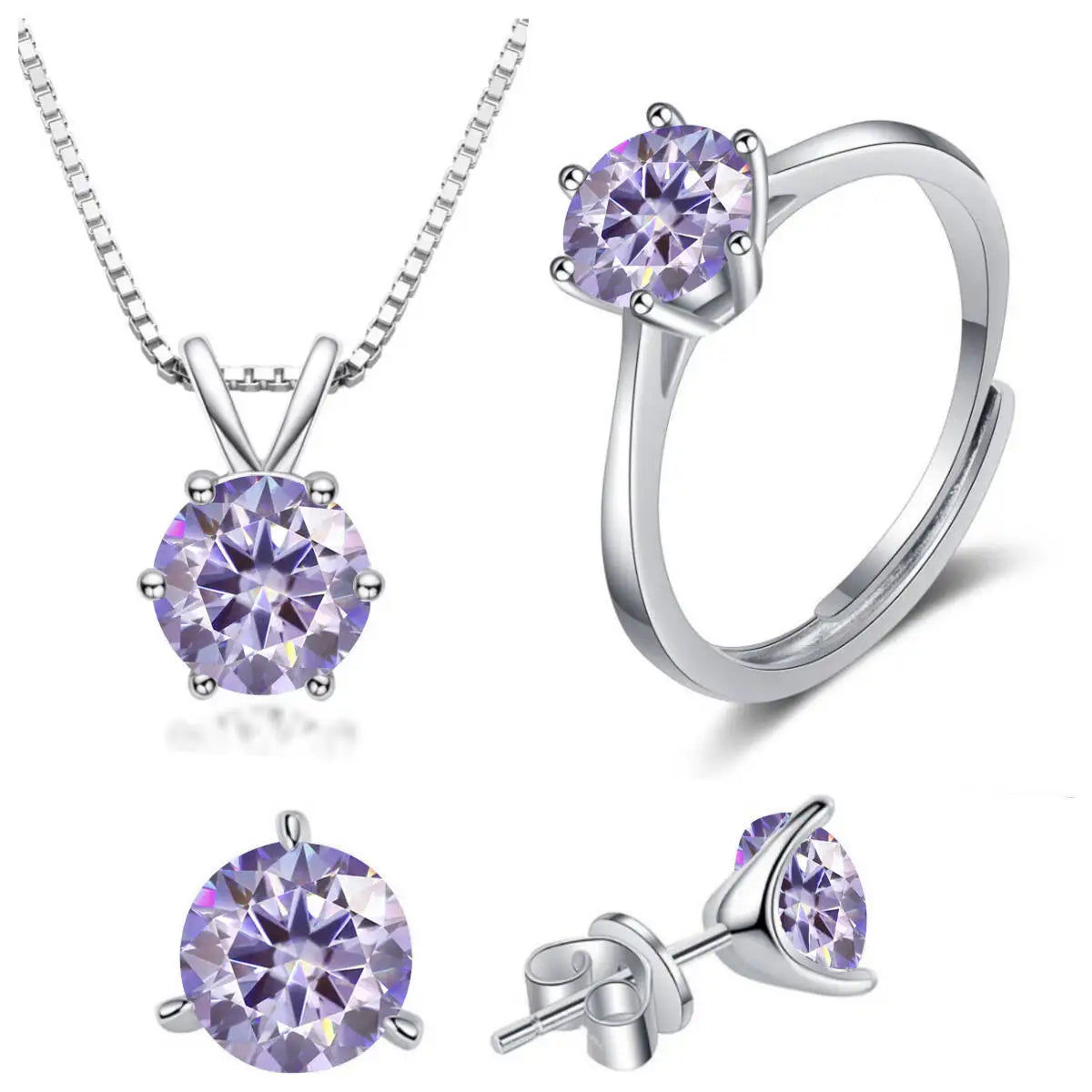Colored Moissanite Necklace, Stud Earrings & Ring Set — Purple necklace earrings and ring