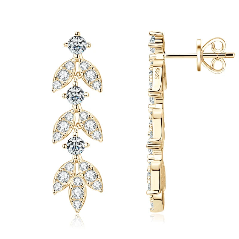 Moissanite Leaf Drop Earrings with Zircon Accents in Silver — Gold-tone front and side