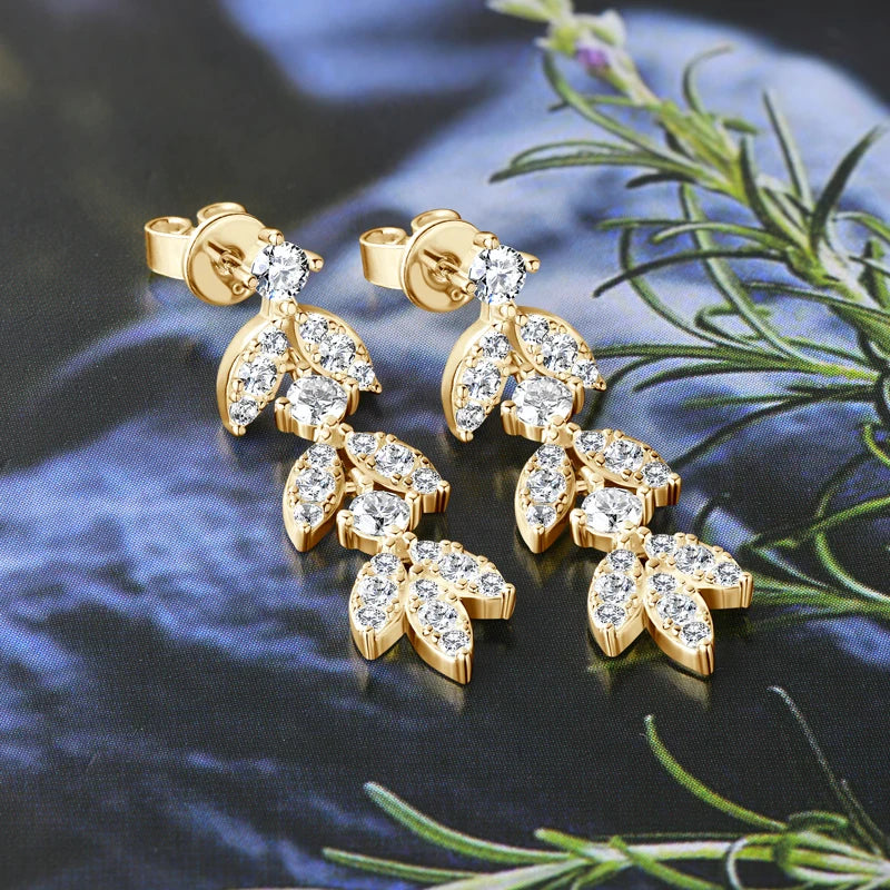 Moissanite Leaf Drop Earrings with Zircon Accents in Silver — Gold-tone pair