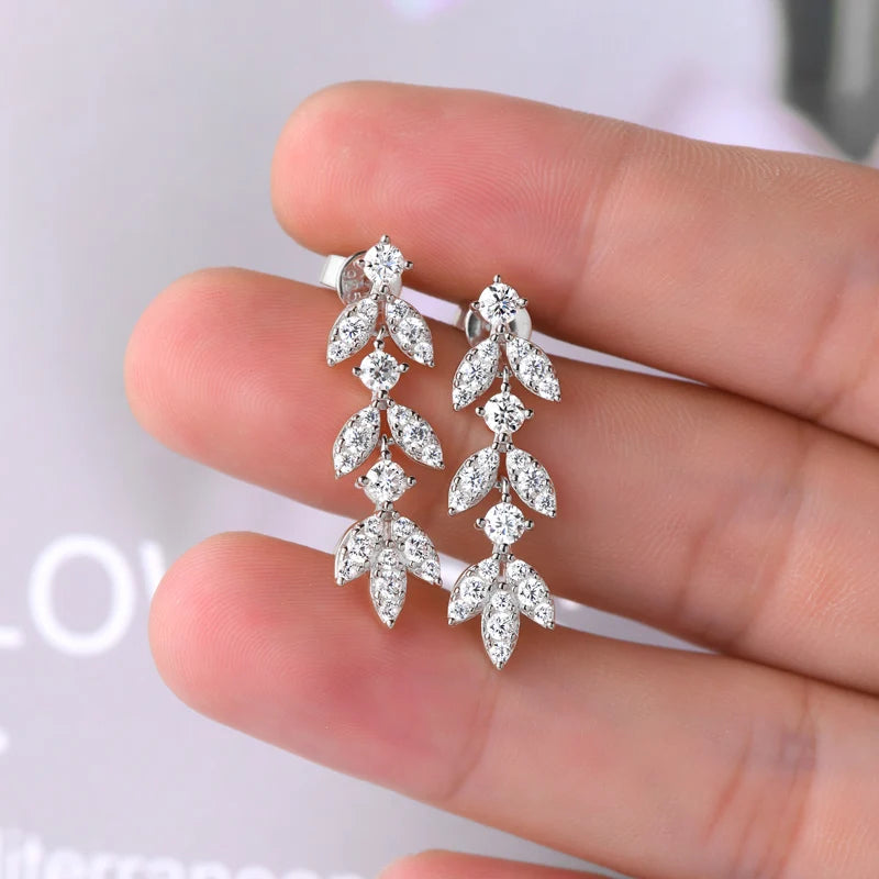 Moissanite Leaf Drop Earrings with Zircon Accents in Silver — Silver pair on hand