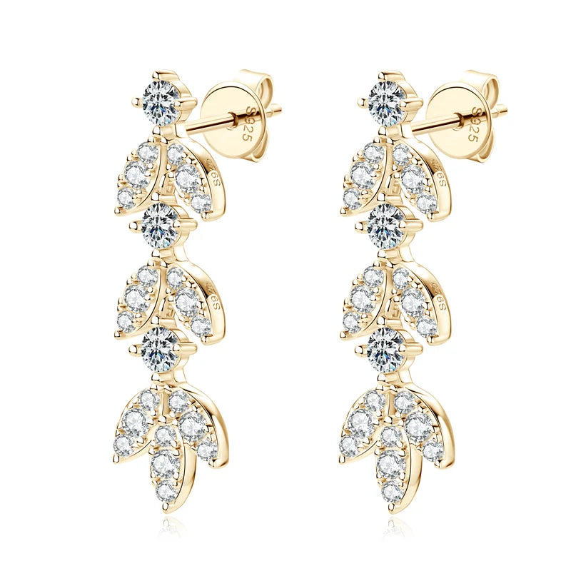Moissanite Leaf Drop Earrings with Zircon Accents in Silver — Gold-tone finish