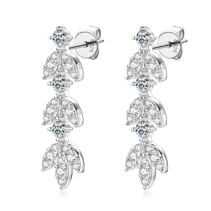 Moissanite Leaf Drop Earrings with Zircon Accents in Silver — Silver finish