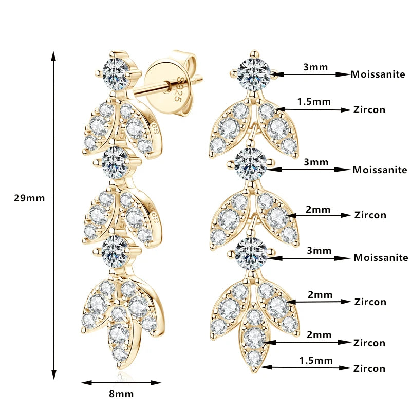 Moissanite Leaf Drop Earrings with Zircon Accents in Silver — Dimensions and stone layout
