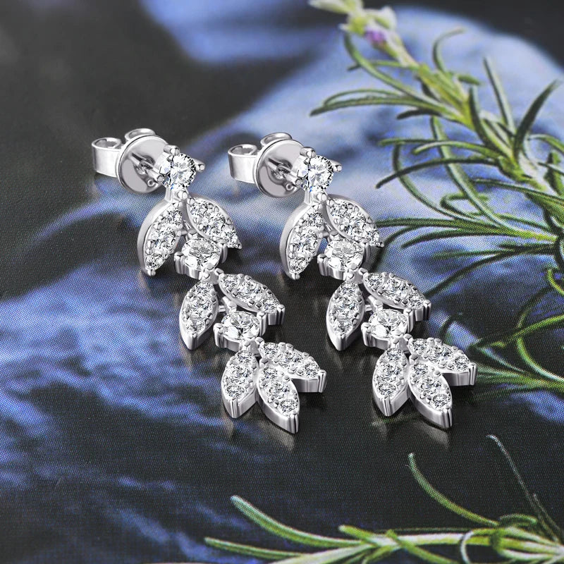 Moissanite Leaf Drop Earrings with Zircon Accents in Silver — Silver detail