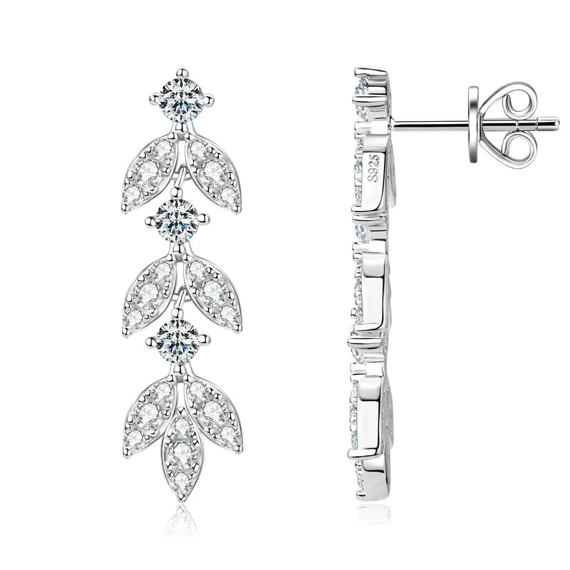 Moissanite Leaf Drop Earrings with Zircon Accents in Silver — Silver front and side