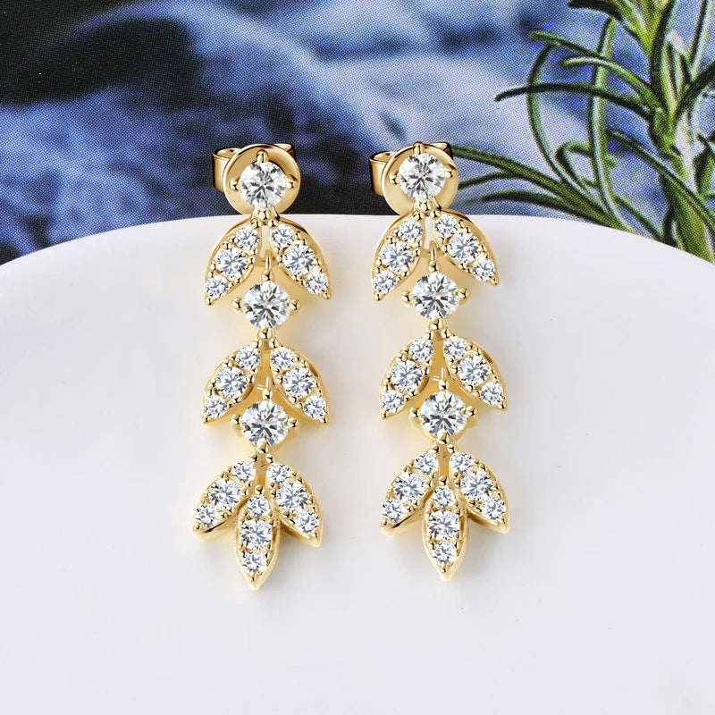 Moissanite Leaf Drop Earrings with Zircon Accents in Silver — Gold-tone detail