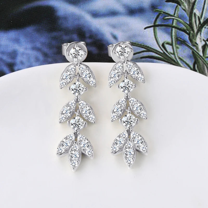 Moissanite Leaf Drop Earrings with Zircon Accents in Silver — Silver pair