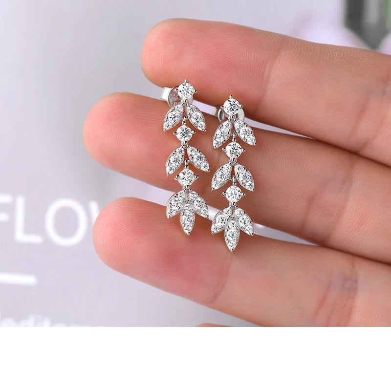 Moissanite Leaf Drop Earrings with Zircon Accents in Silver — Silver pair on hand