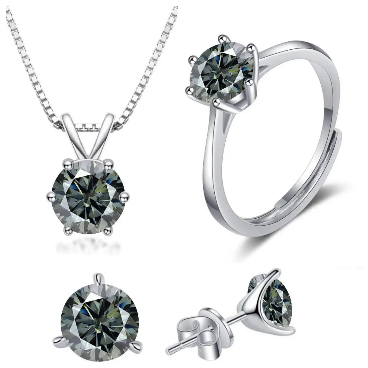 Colored Moissanite Necklace, Stud Earrings & Ring Set — Gray set