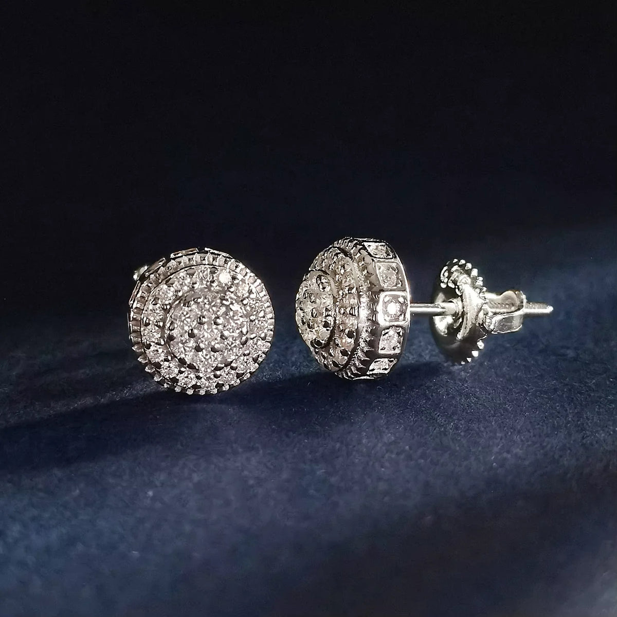 Moissanite Round Cluster Stud Earrings in Sterling Silver — Cluster stud front and back — BandsCo Straps