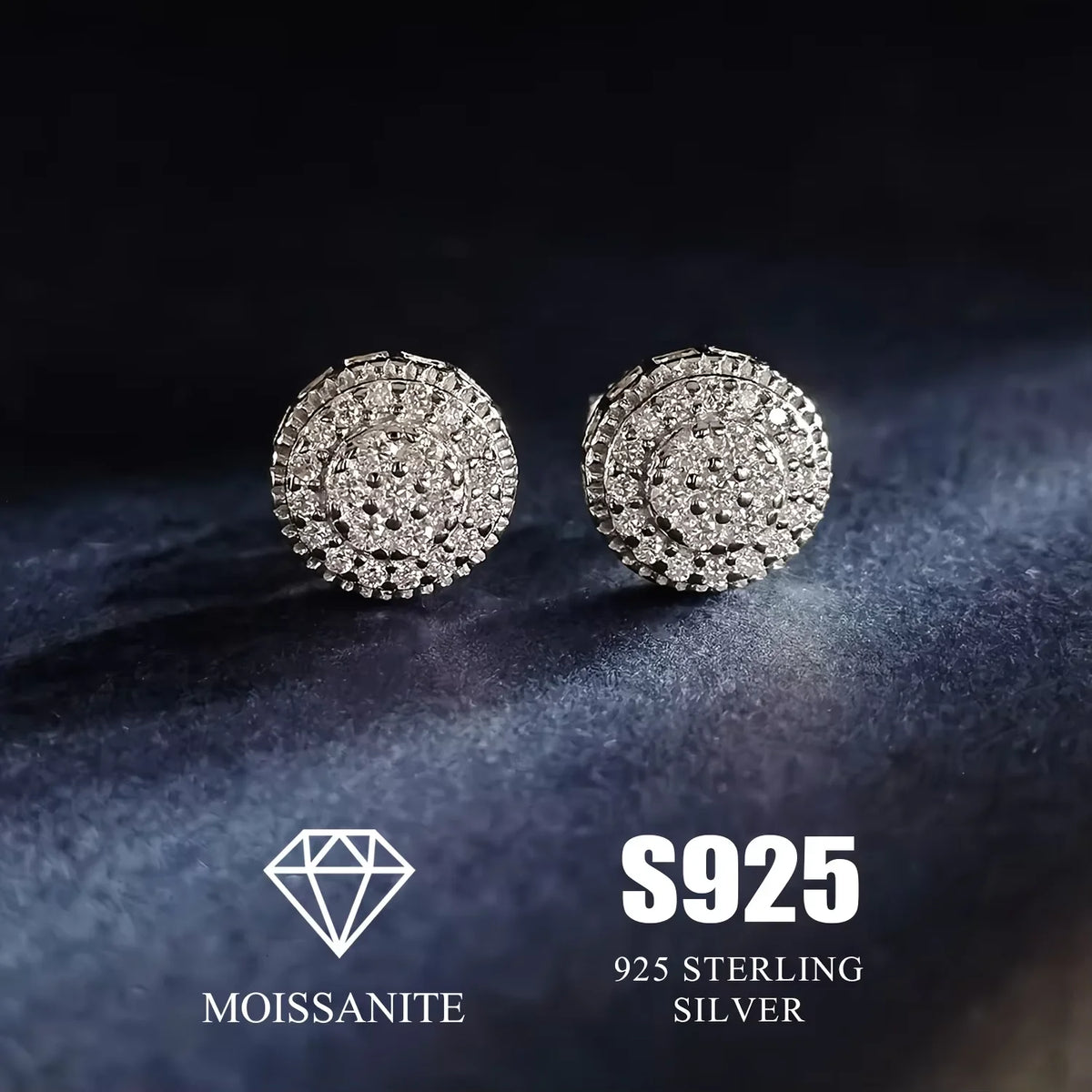 Moissanite Round Cluster Stud Earrings in Sterling Silver — Round moissanite cluster studs — BandsCo Straps