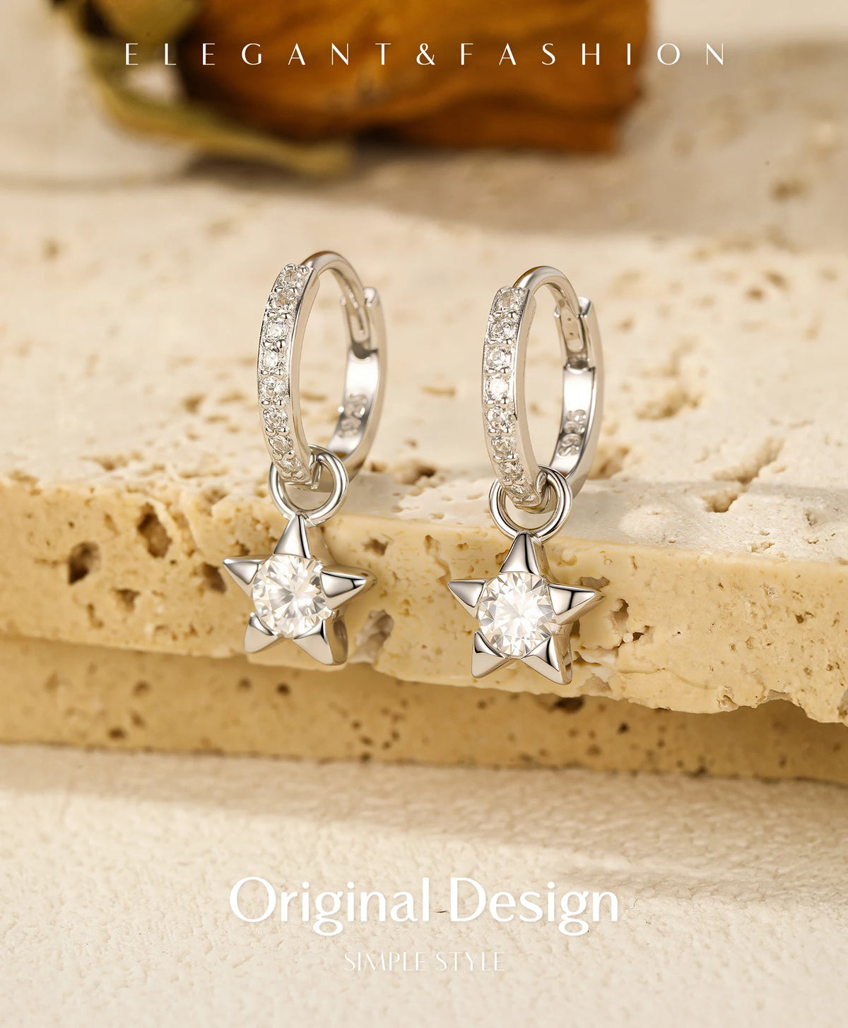 Star Moissanite Hoop Drop Earrings in Sterling Silver — Star hoops styled together