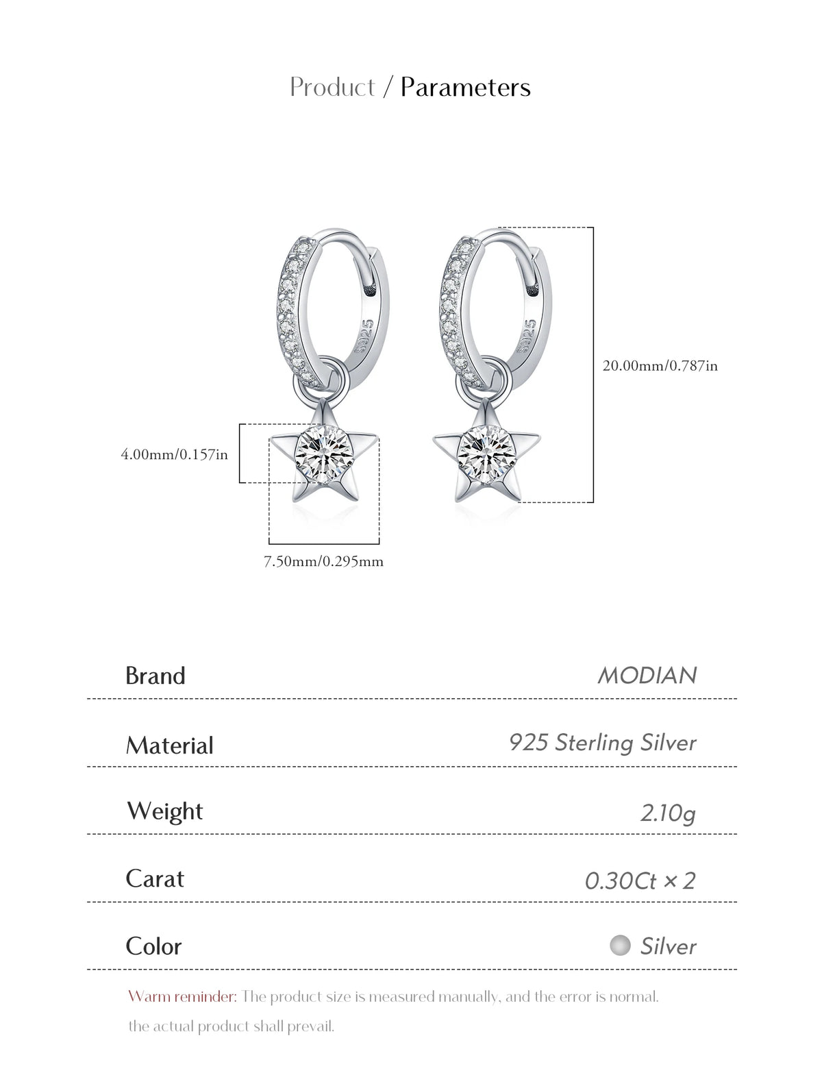 Star Moissanite Hoop Drop Earrings in Sterling Silver — Dimensions and sterling silver specifications
