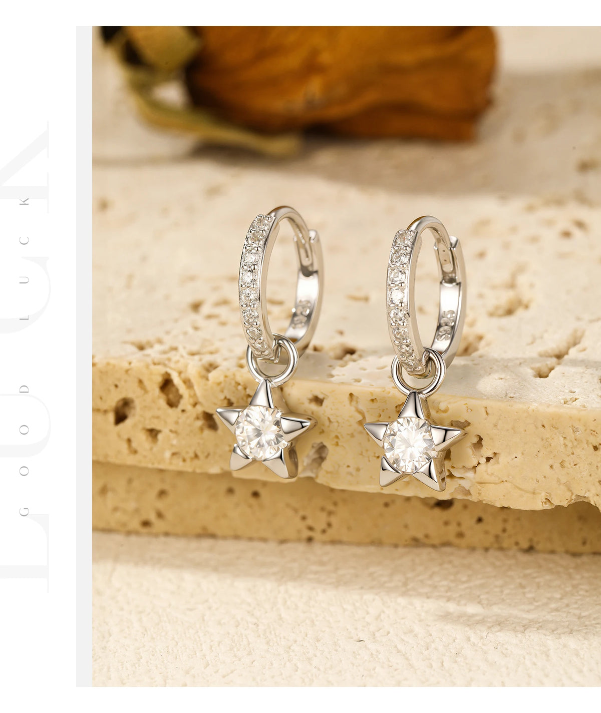Star Moissanite Hoop Drop Earrings in Sterling Silver — Round stones in star settings