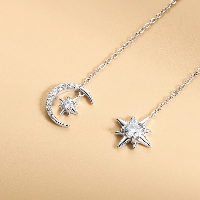 Star & Moon Moissanite Chain Threader Earrings - Silver star and moon details