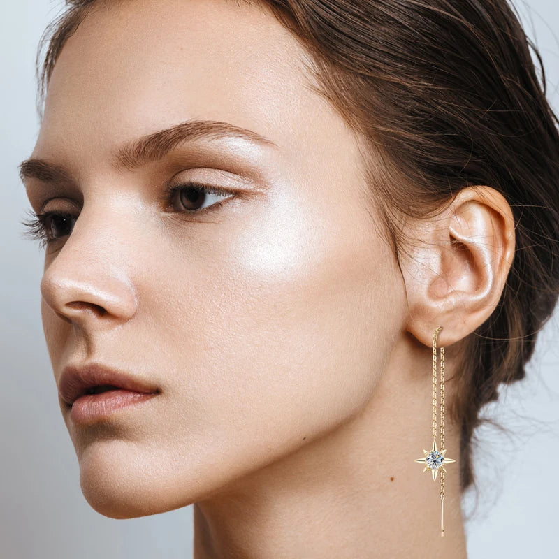 Star & Moon Moissanite Chain Threader Earrings - Threader earrings shown on model