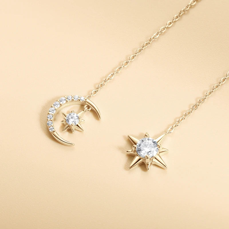Star & Moon Moissanite Chain Threader Earrings - Gold-tone celestial details
