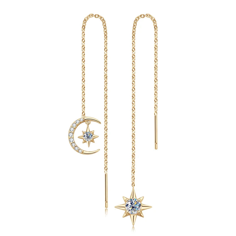 Star & Moon Moissanite Chain Threader Earrings - Gold-tone star and moon threaders