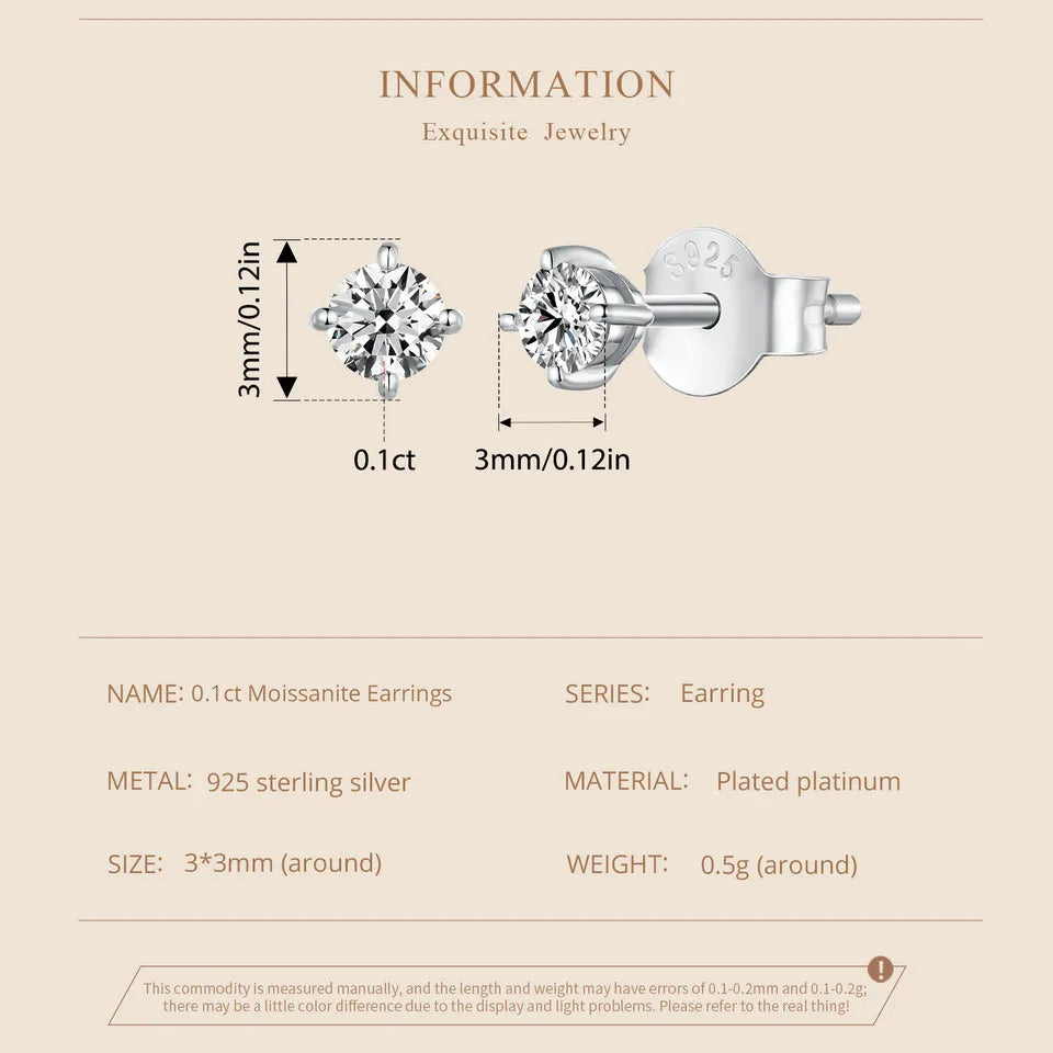 Round Moissanite Push-Back Stud Earrings in Sterling Silver - small stud dimensions