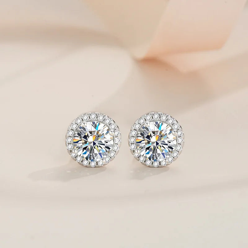 Round Halo Moissanite Stud Earrings with Screw Ball Backs - Round halo front view