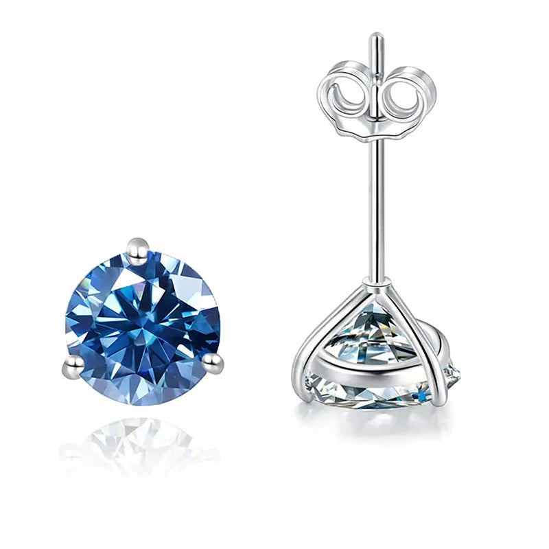 Colored Three-Prong Moissanite Stud Earrings in Sterling Silver — Blue front and back