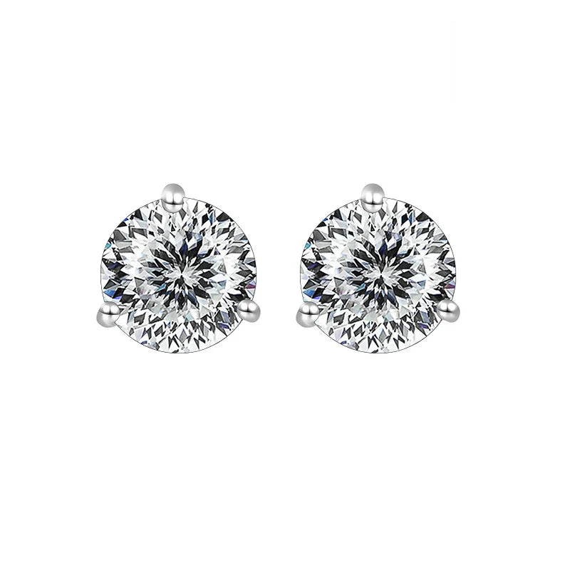 Colored Three-Prong Moissanite Stud Earrings in Sterling Silver — White 100-facet cut