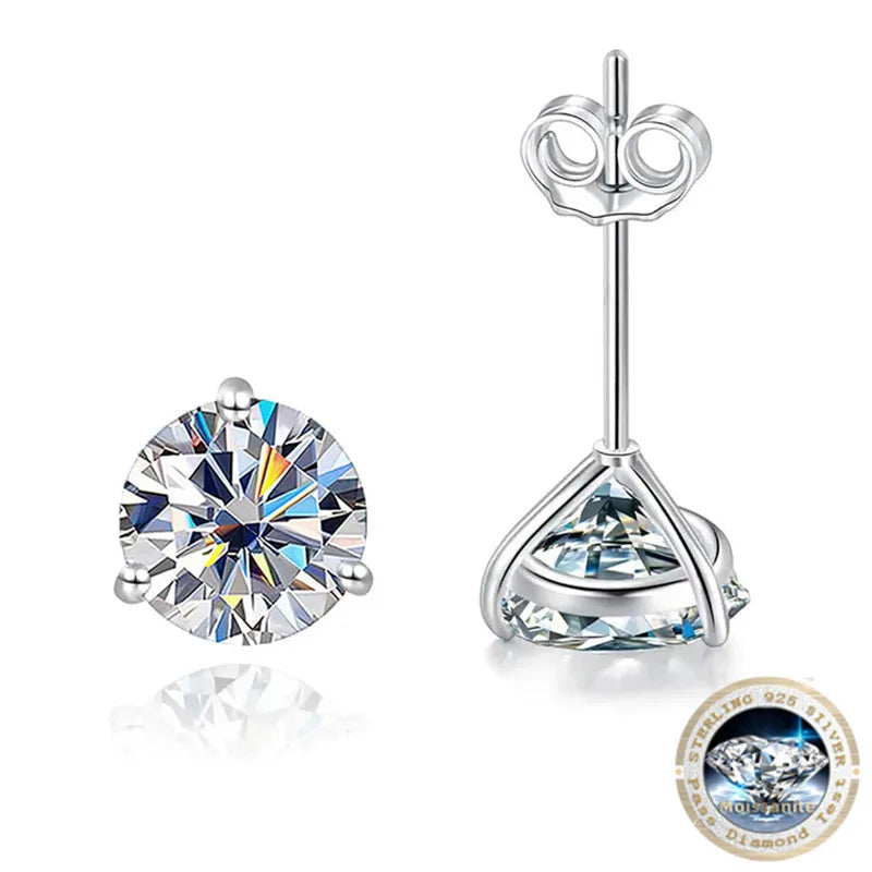 Colored Three-Prong Moissanite Stud Earrings in Sterling Silver — White front and butterfly back