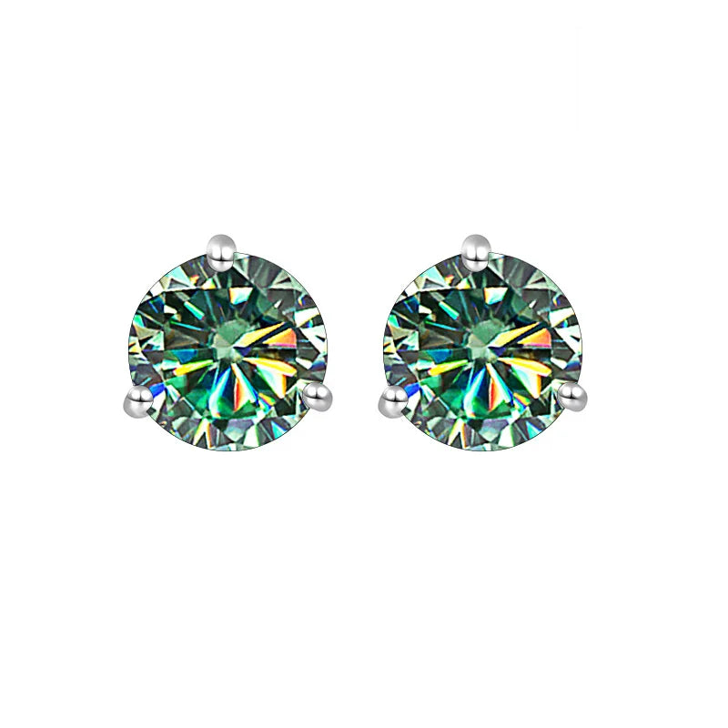 Colored Three-Prong Moissanite Stud Earrings in Sterling Silver — Blue green