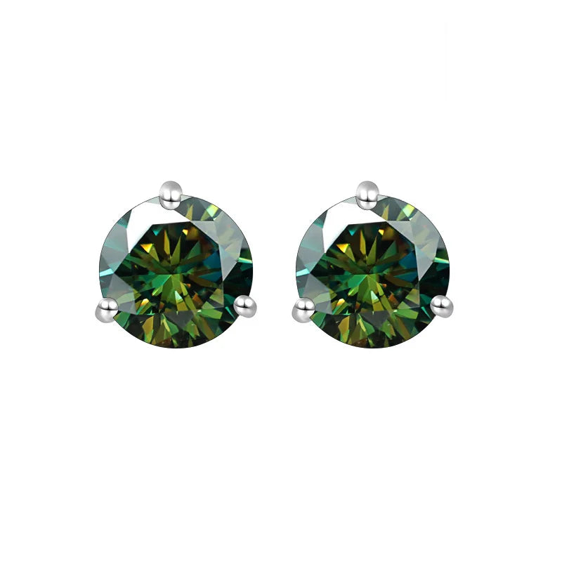 Colored Three-Prong Moissanite Stud Earrings in Sterling Silver — Dark green