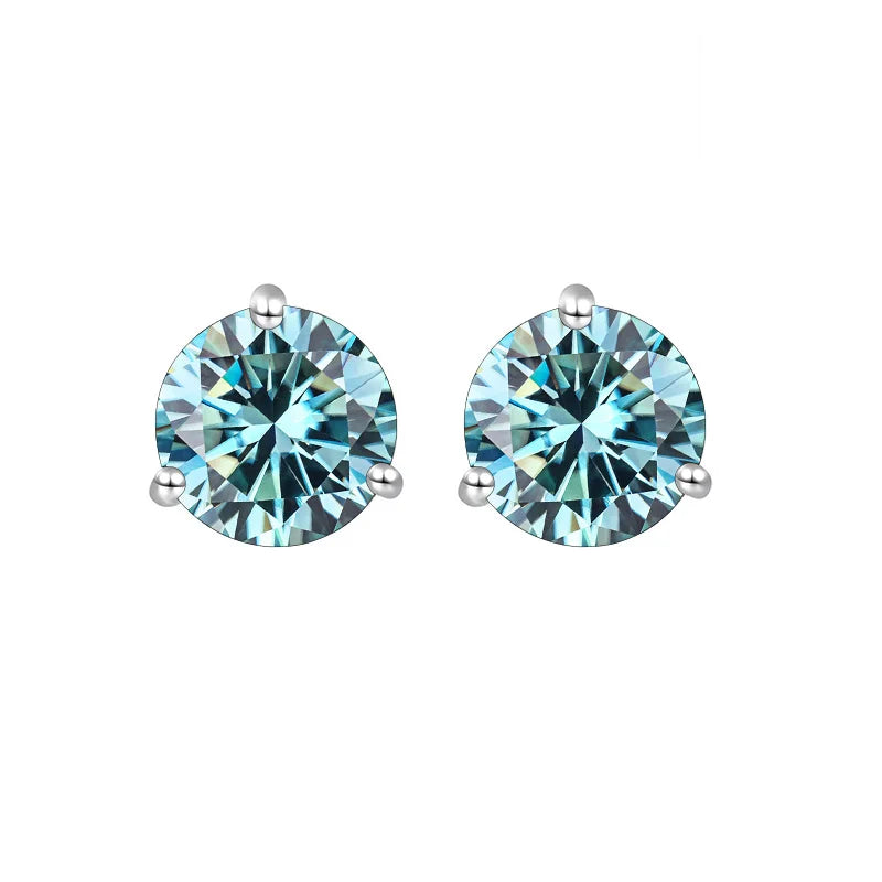 Colored Three-Prong Moissanite Stud Earrings in Sterling Silver — Blue