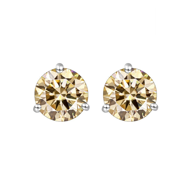 Colored Three-Prong Moissanite Stud Earrings in Sterling Silver — Light yellow