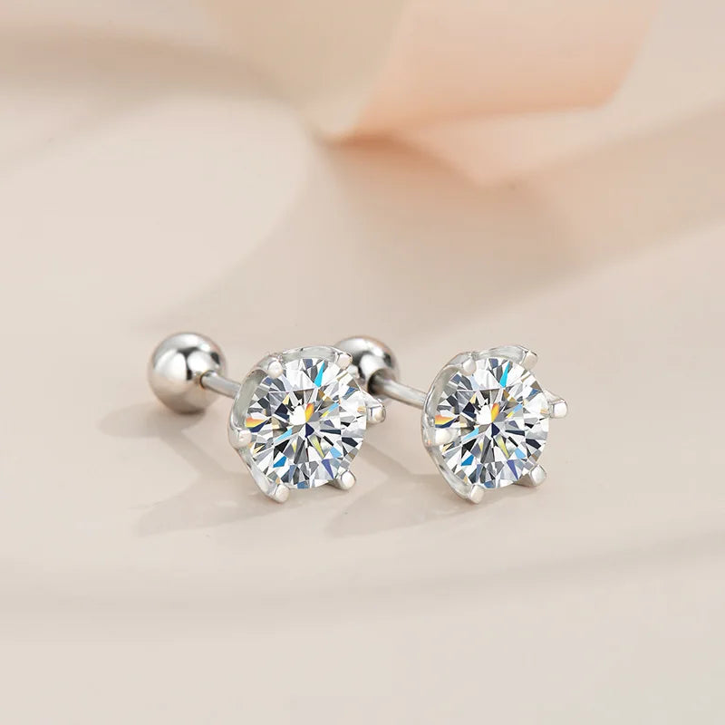 Six-Prong Moissanite Stud Earrings with Screw Ball Backs - Round stones and ball backs